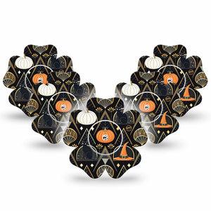 ExpressionMed Art Deco Halloween Freestyle Libre 2 and Libre 2 Plus Flower Shape Tape, Abbott Lingo,  5-Pack Tape and 5-Pack Sticker Vintage Luxurious Inspired Halloween, Fixing Ring Tape CGM Design