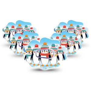 ExpressionMed Penguins In Row Dexcom G6 Flower Shape Tape 5-Pack Tape and 5-Pack Sticker Hat and Scarf Penguins, Adhesive Patch Continuous Glucose Monitor Design