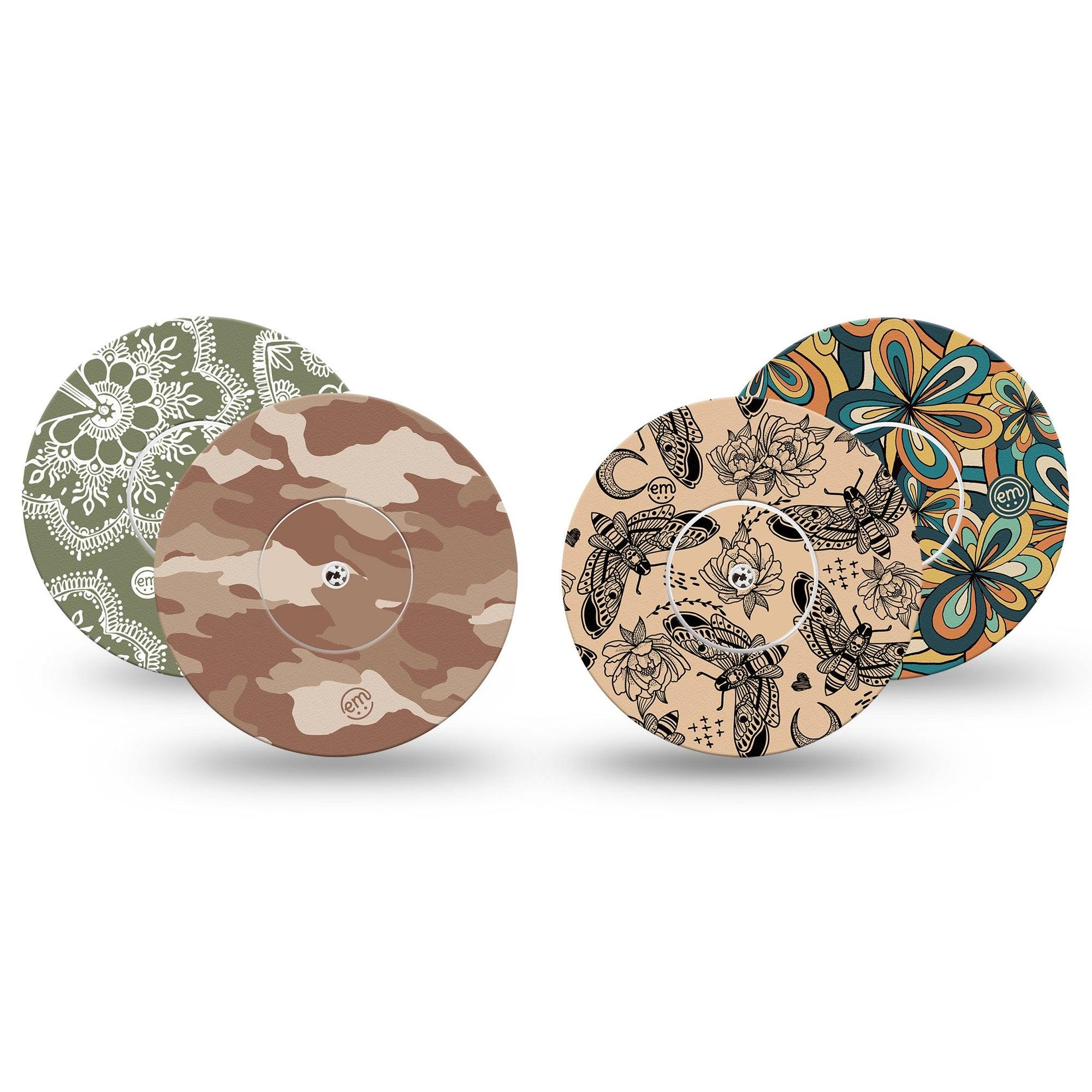 ExpressionMed Khaki Florals Variety Pack Freestyle Libre and Libre 2 Plus Tape, Abbott Lingo, 4-Pack Tape and 4-Pack Sticker Variety Grunge Floral Camo Patterns, Fixing Ring Tape Continuous Glucose Monitor Design