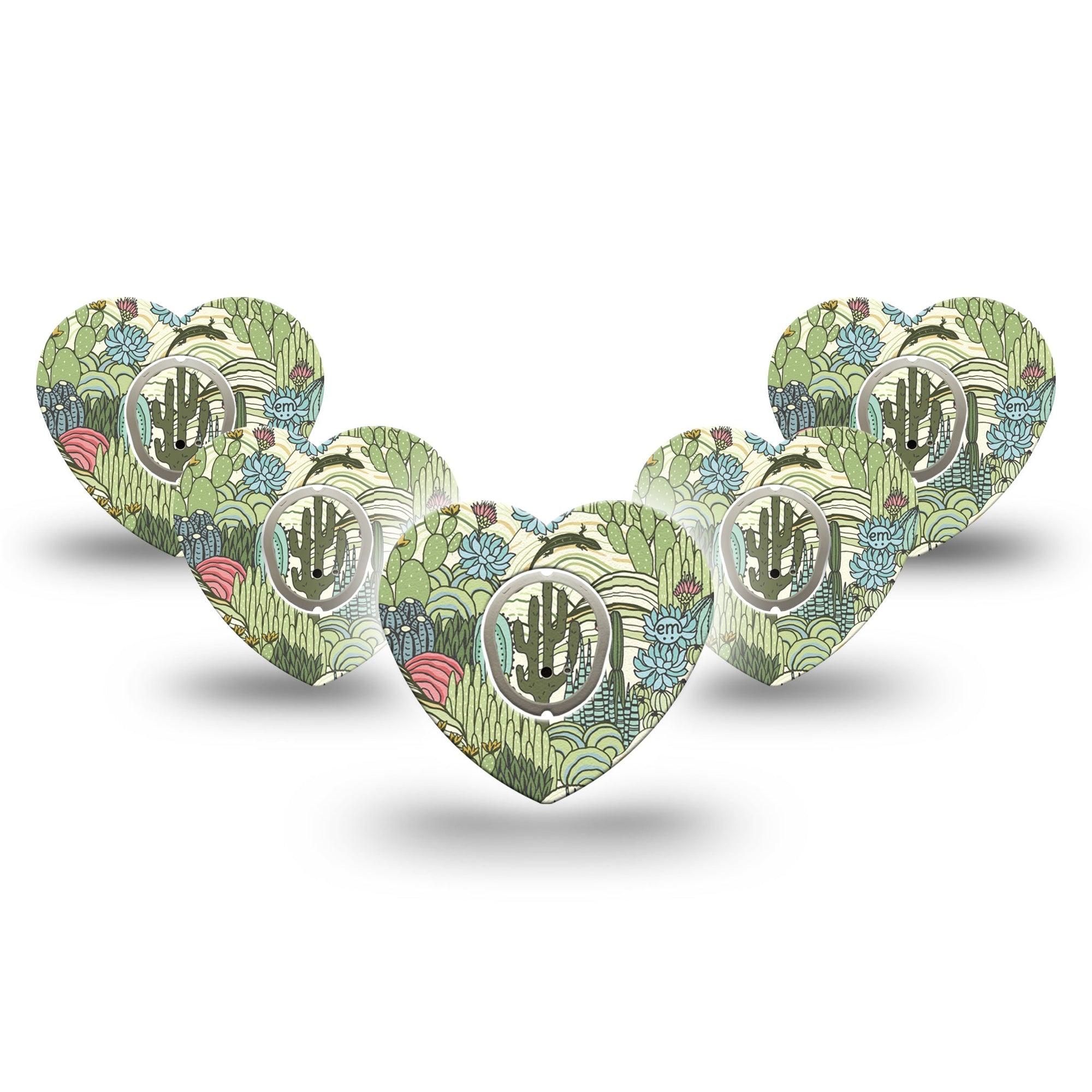 ExpressionMed Cactus Dexcom G7 Heart Shape Tape, Dexcom Stelo Glucose Biosensor System, 5-Pack Tape and 5-Pack Sticker Green Teal Cactus Plants And Flowers, Overlay Patch CGM Design