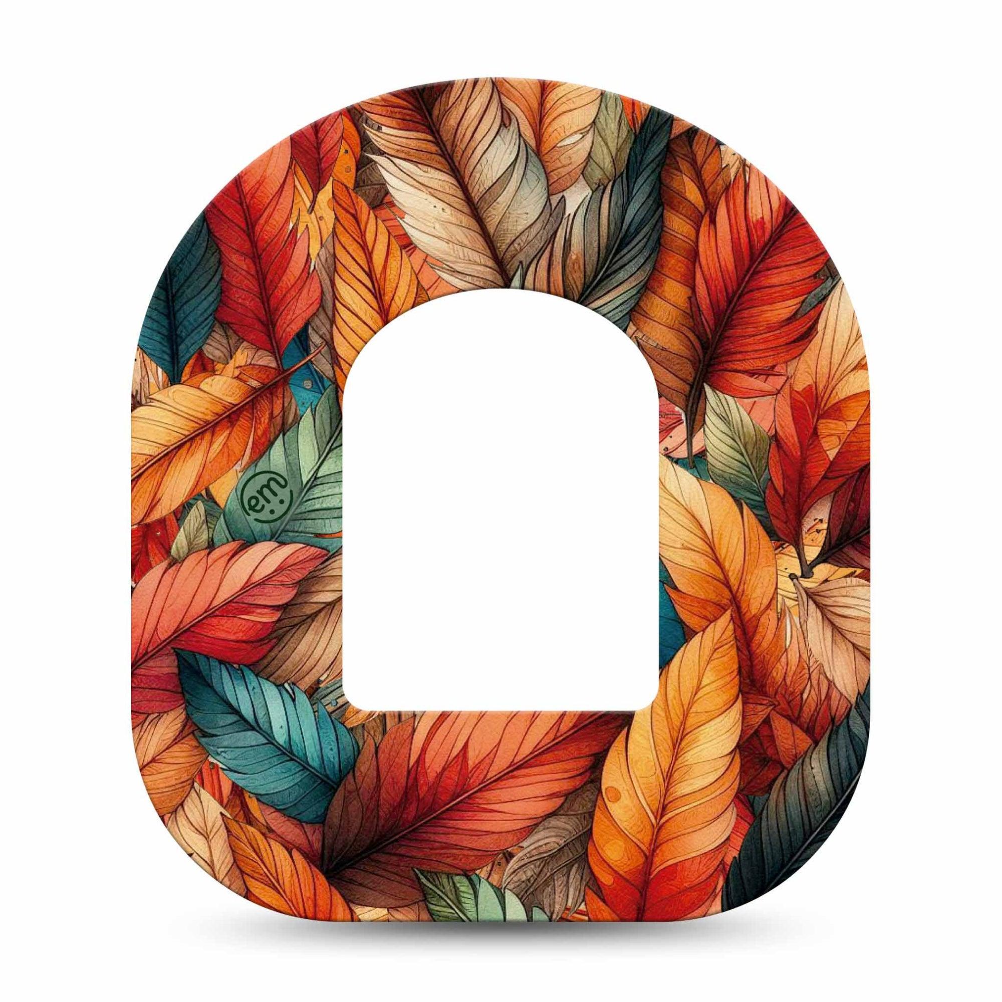 ExpressionMed Fall Leaf Feathers Omnipod Tape Single Bouquet of Orange Green Blue Feathers Adhesive Patch Pump Design