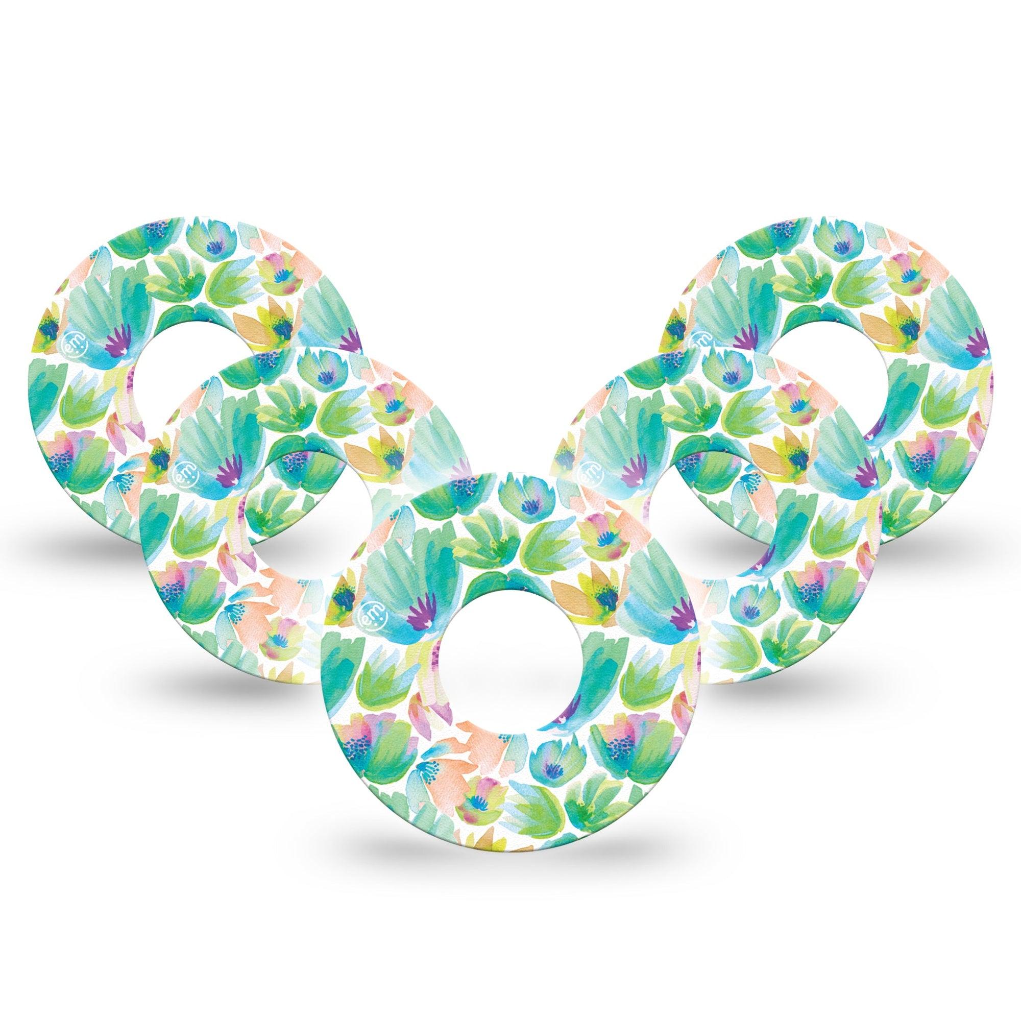 ExpressionMed Happy Go Lucky Flowers Infusion Set Tape 10-Pack Green And Peachy Lightly Painted Petals Overlay Patch CGM Design