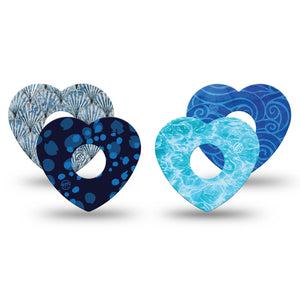 ExpressionMed Coastal Blues Freestyle Libre 3 and Libre 3 Plus Heart, 4-Pack Tape nautical blue palette Adhesive Patch for Continuous Glucose Monitor