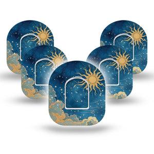 ExpressionMed Mystic Skies Omnipod, 5-Pack Tape and 5-Pack Sticker Whimsical sun and stars Decorative Adhesive Tape For Pump