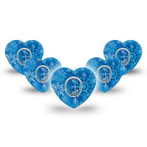 ExpressionMed Falling Snow Dexcom G7 Heart Shape Tape, Dexcom Stelo Glucose Biosensor System, 5-Pack Tape and 5-Pack Sticker Winter Snowflakes, Overlay Patch CGM Design