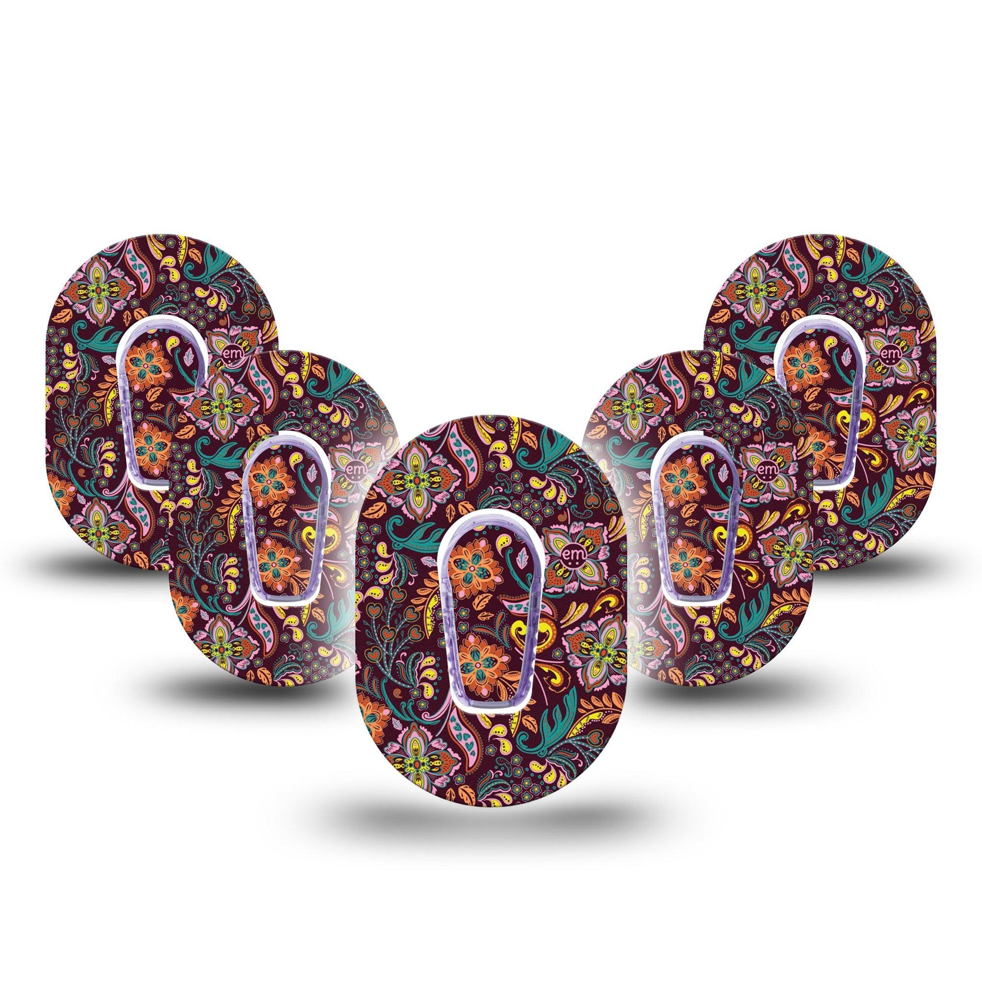 ExpressionMed Ornate Floral Dexcom G6 Mini Tape 5-Pack Tape and 5-Pack Sticker Darker Toned Floral Design, Adhesive Tape CGM Design