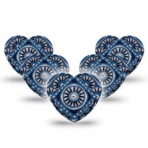 ExpressionMed Indigo Loomwork Freestyle Libre, Libre 2 Plus, and Abbott Lingo Heart, 5-Pack Tape and 5-Pack Sticker Black blue tan geometric Plaster for Continuous Glucose Monitor