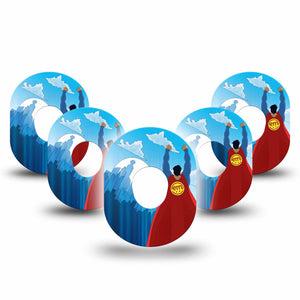 ExpressionMed Super Man Dexcom G7 Tape, Dexcom Stelo Glucose Biosensor System, 5-Pack Tape Up, Up And Away Hero, Overlay Tape CGM Design