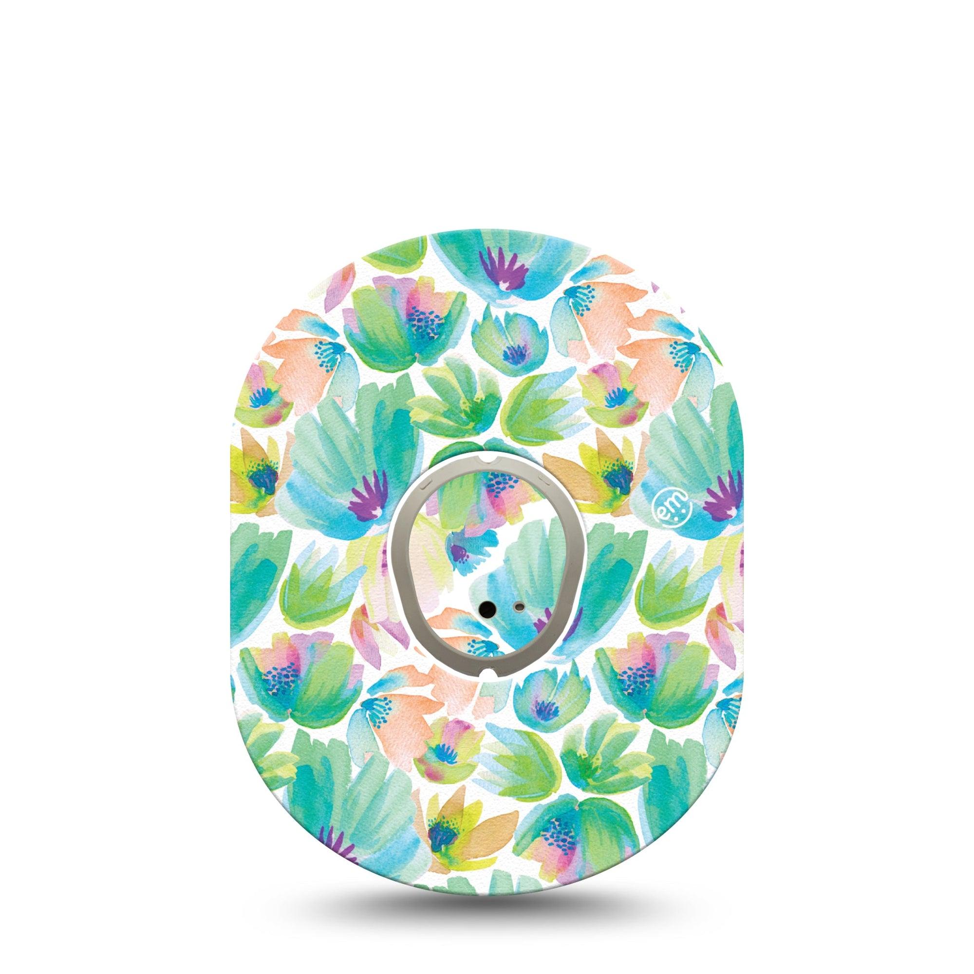 ExpressionMed Happy Go Lucky Flowers Dexcom G7 Sticker and Tape, Dexcom Stelo Glucose Biosensor System,  Uplifting Green Hued Garden Vinyl Sticker and Tape Pairing Continuous Glucose Monitor Design