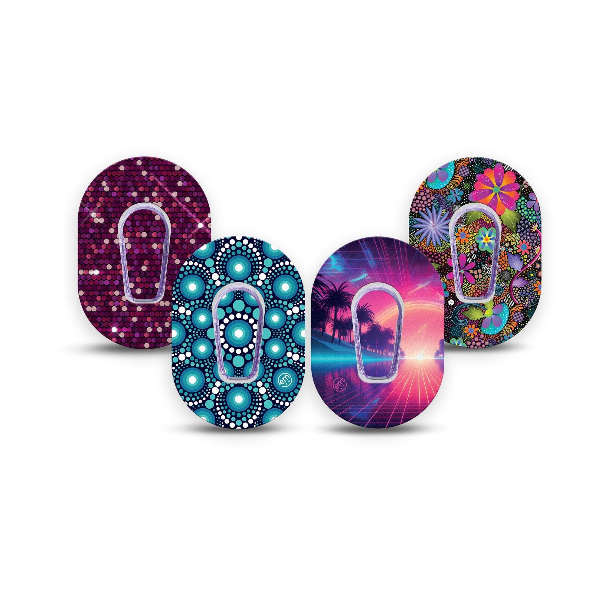 ExpressionMed Welcome to Neon Variety Pack Dexcom G6 Mini Tape 4-Pack Tape and 4-Pack Sticker Variety Retro Neon Flowers, Adhesive Tape CGM Design