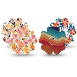 ExpressionMed Jewel Tone Glow Variety Pack Freestyle Libre 3 and Libre 3 Plus Flower Shape Tape, 4-Pack Tape and 4-Pack Stickers Variety Bright Winter Flowers, Overlay Tape CGM Design