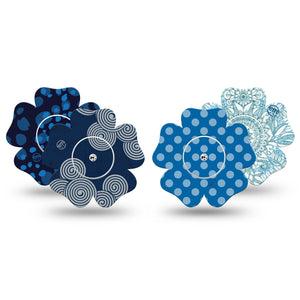 ExpressionMed Barbie Splash Variety Pack Freestyle Libre 2 and Libre 2 Plus Flower Shape Tape, Abbott Lingo, 4-Pack Tape and 4-Pack Stickers Variety Blue Spirals and Circles, Plaster CGM Design