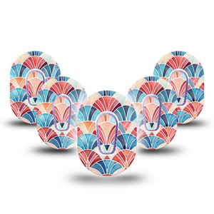 ExpressionMed Watercolor Fan Dexcom G6 Mini, 5-Pack Tape and 5-Pack Sticker Soft blue red tone fan pattern Waterproof Sensor Cover for Continuous Glucose Monitor