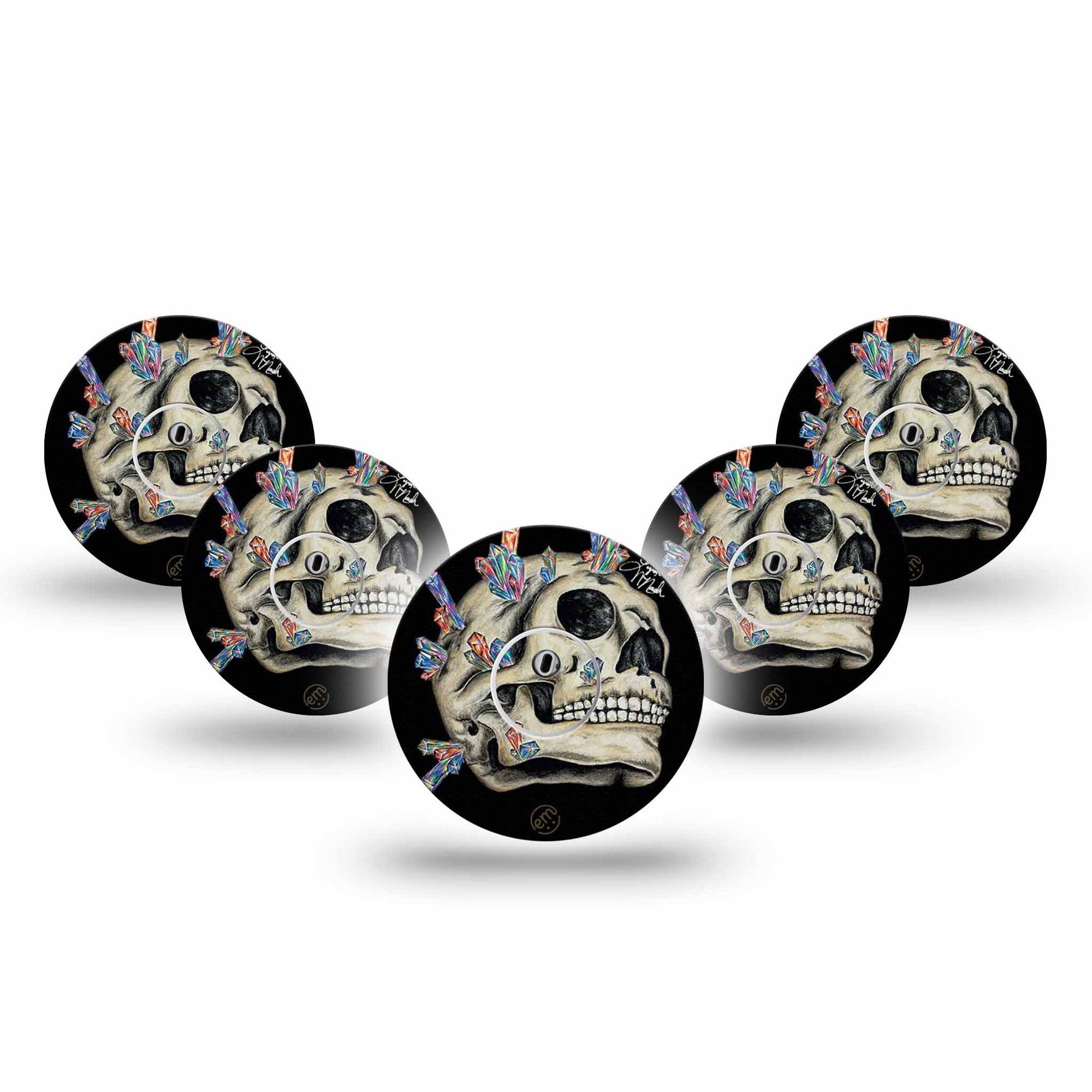 ExpressionMed Crystal Skulls Freestyle Libre 3 Tape 5-Pack Tape and 5-Pack Sticker Gemstone Skull Adhesive Tape CGM Design