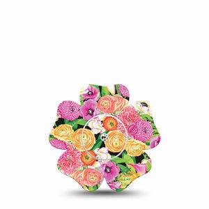 ExpressionMed Hand Painted Flowers Freestyle Libre 2 Flower Shape Tape, Abbott Lingo,  Single Tape and Single Sticker Pink and Yellow Garden Florals Fixing Ring Tape CGM Design