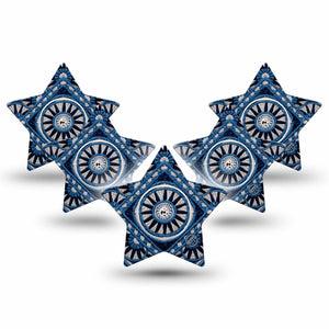 ExpressionMed Indigo Loomwork Freestyle Libre, Libre 2 Plus, and Abbott Lingo Star, 5-Pack Tape and 5-Pack Sticker Navy tan color block Waterproof Sensor Cover for Continuous Glucose Monitor