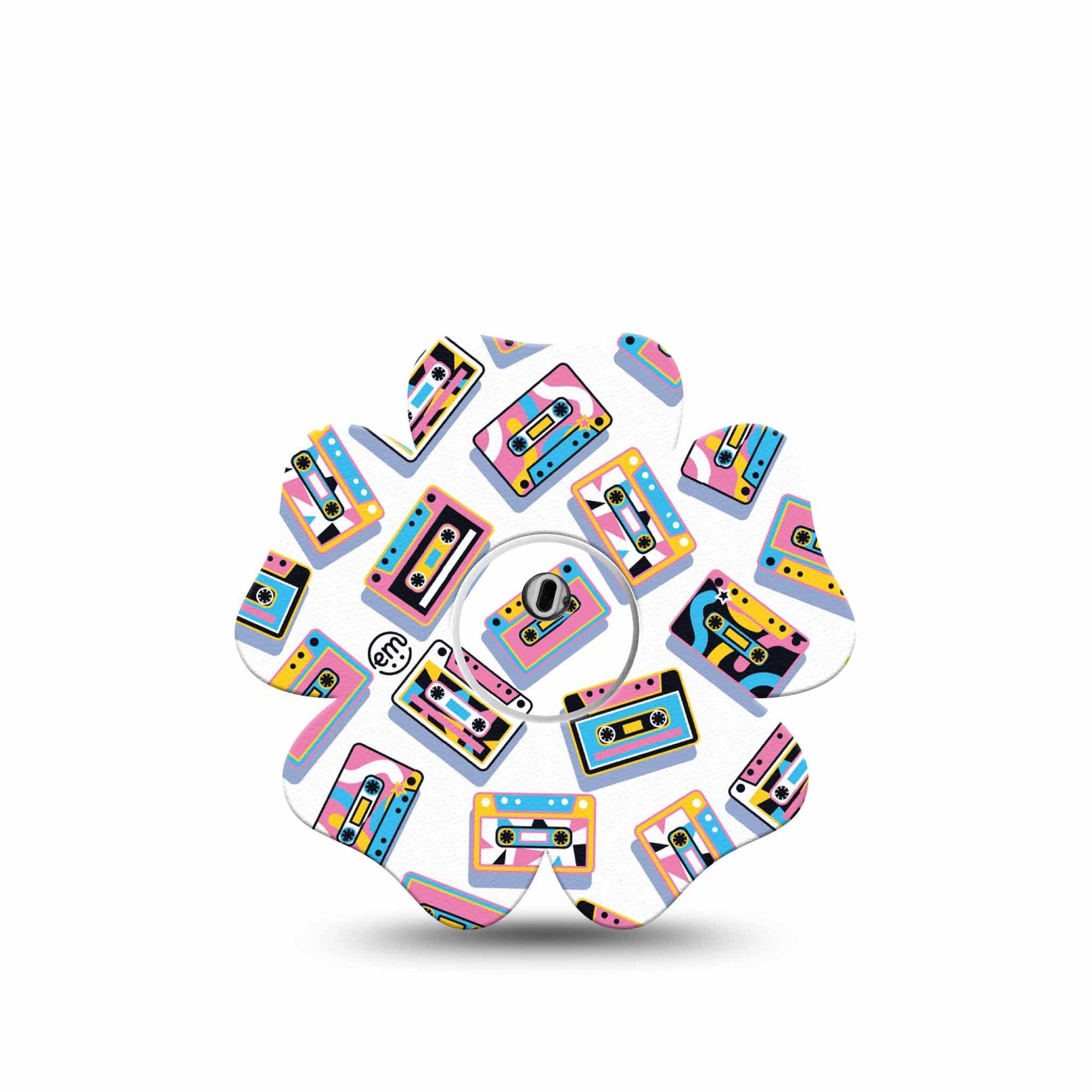 ExpressionMed Vintage Music Tapes Freestyle Libre 3 and Libre 3 Plus Flower Shape Tape Single Tape and Single Sticker Neon Cassette Tapes, Plaster CGM Design