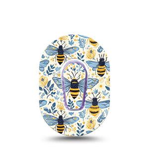 ExpressionMed Busy Bees Dexcom G6 Mini, Single Tape and Single Sticker Blue and gold Waterproof Adhesive Tape for CGM