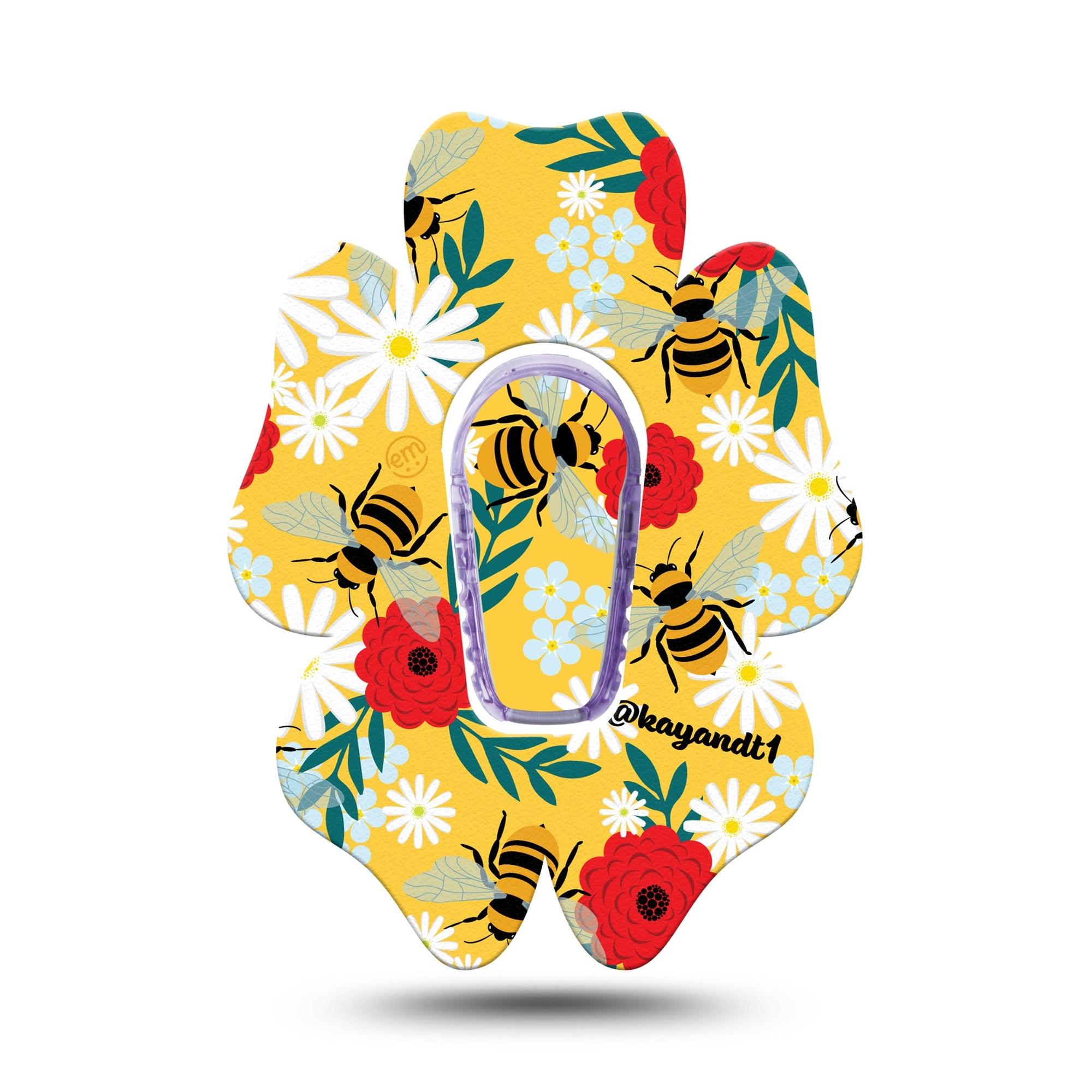 ExpressionMed Bees and Flowers Dexcom G6 Flower Shape Tape Single Tape and Single Sticker Bee Gathering Adhesive Patch Continuous Glucose Monitor Design