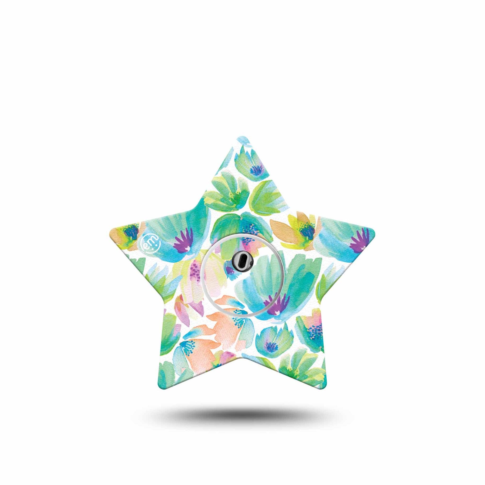 ExpressionMed Happy Go Lucky Flowers Freestyle Libre 3 Star Shape Tape Single Tape and Single Sticker Vibrant Green And Peach Florals Patch CGM Design