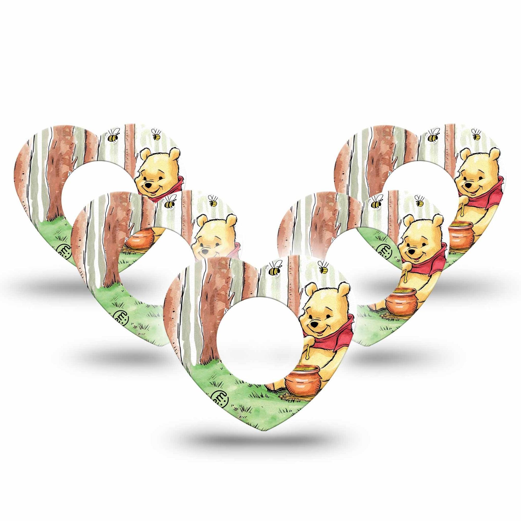 ExpressionMed Winnie the Pooh Freestyle Libre 2 Heart Shape Tape, Abbott Lingo,  5-Pack Pooh Bear Eating Honey Adhesive Patch CGM Design