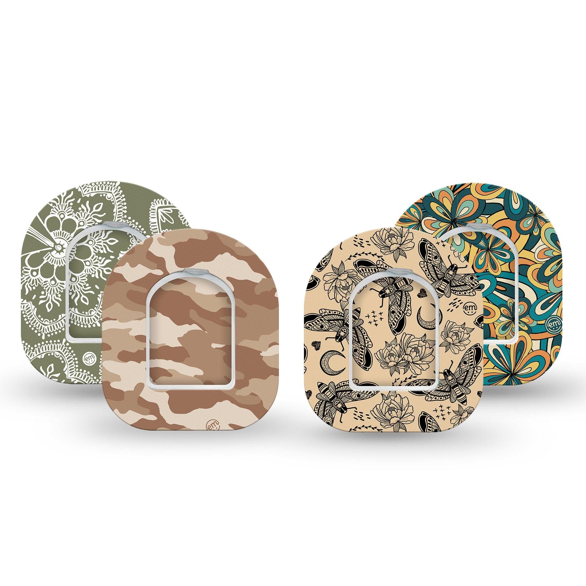 ExpressionMed Khaki Florals Variety Pack Omnipod Mini Tape 4-Pack Tape and 4-Pack Sticker Variety Edgy Earth Tone Patterns, Adhesive Tape Pump Design