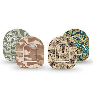ExpressionMed Khaki Florals Variety Pack Omnipod Mini Tape 4-Pack Tape and 4-Pack Sticker Variety Edgy Earth Tone Patterns, Adhesive Tape Pump Design
