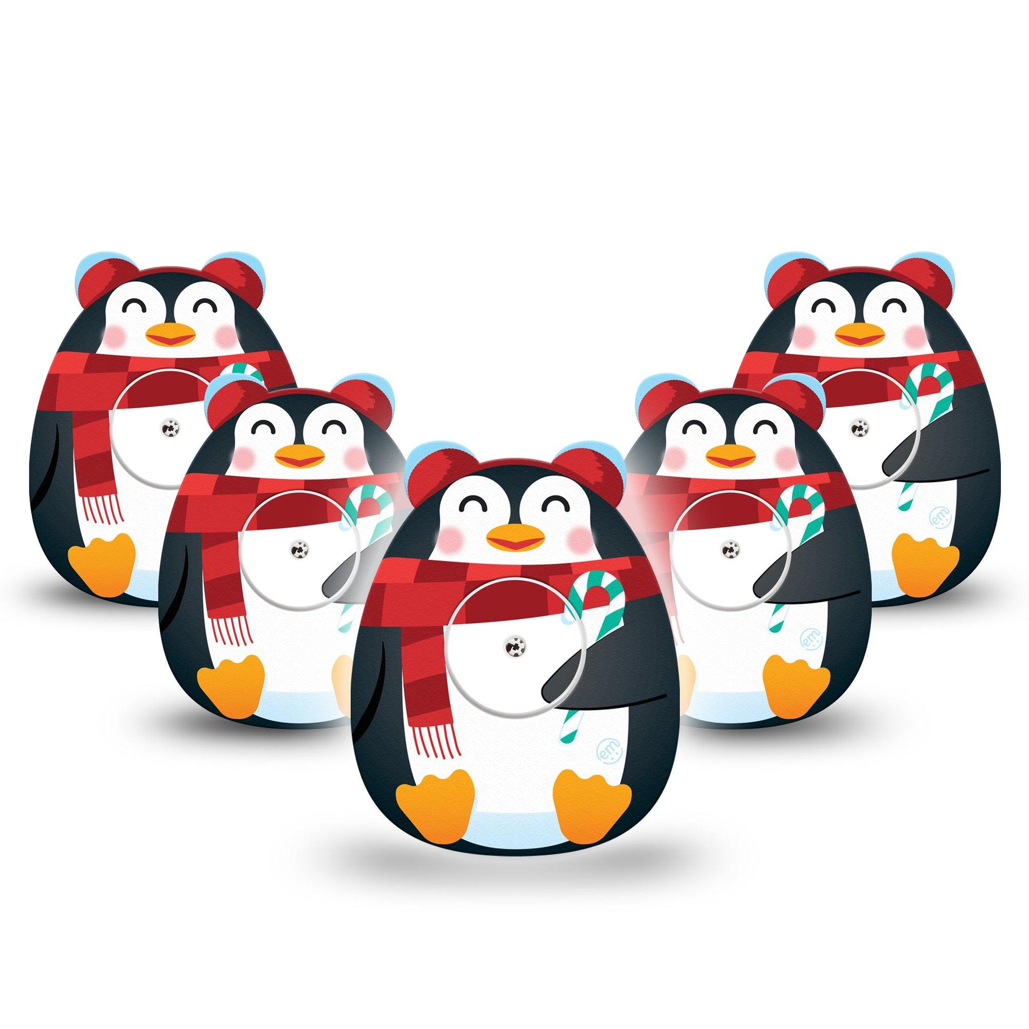 ExpressionMed Happy Penguin Freestyle Libre 2 Gumdrop Shape Tape, Abbott Lingo, 5-Pack Tape and 5-Pack Sticker Scarf Mittens Earmuffs on Penguin, Patch CGM Design