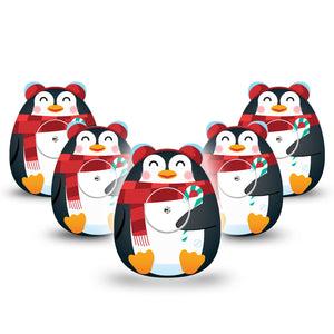 ExpressionMed Happy Penguin Freestyle Libre 2 Gumdrop Shape Tape, Abbott Lingo, 5-Pack Tape and 5-Pack Sticker Scarf Mittens Earmuffs on Penguin, Patch CGM Design