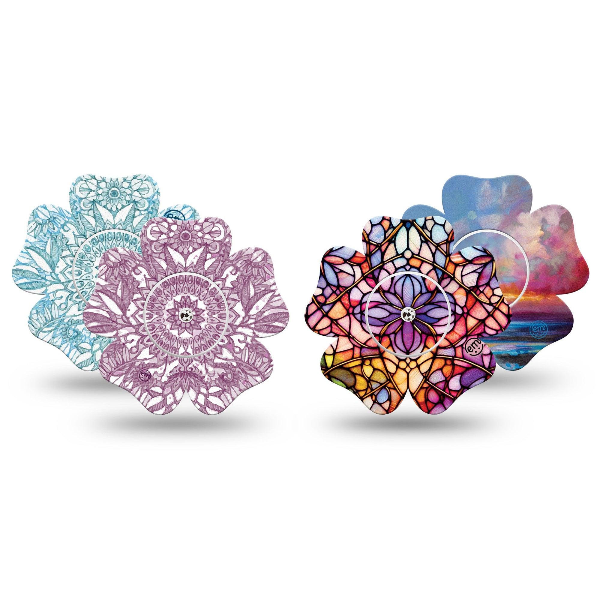 ExpressionMed Sunset Blossom Variety Pack Freestyle Libre 2 and Libre 2 Plus Flower Shape Tape, Abbott Lingo, 4-Pack Tape and 4-Pack Sticker Variety Bright Sky Color Inspired, Plaster CGM Design