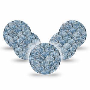 ExpressionMed Seashells Freestyle Libre 3 and Libre 3 Plus Overpatch, 5-Pack Tape Neutral Blue Sea Shells, Adhesive Patch CGM Design