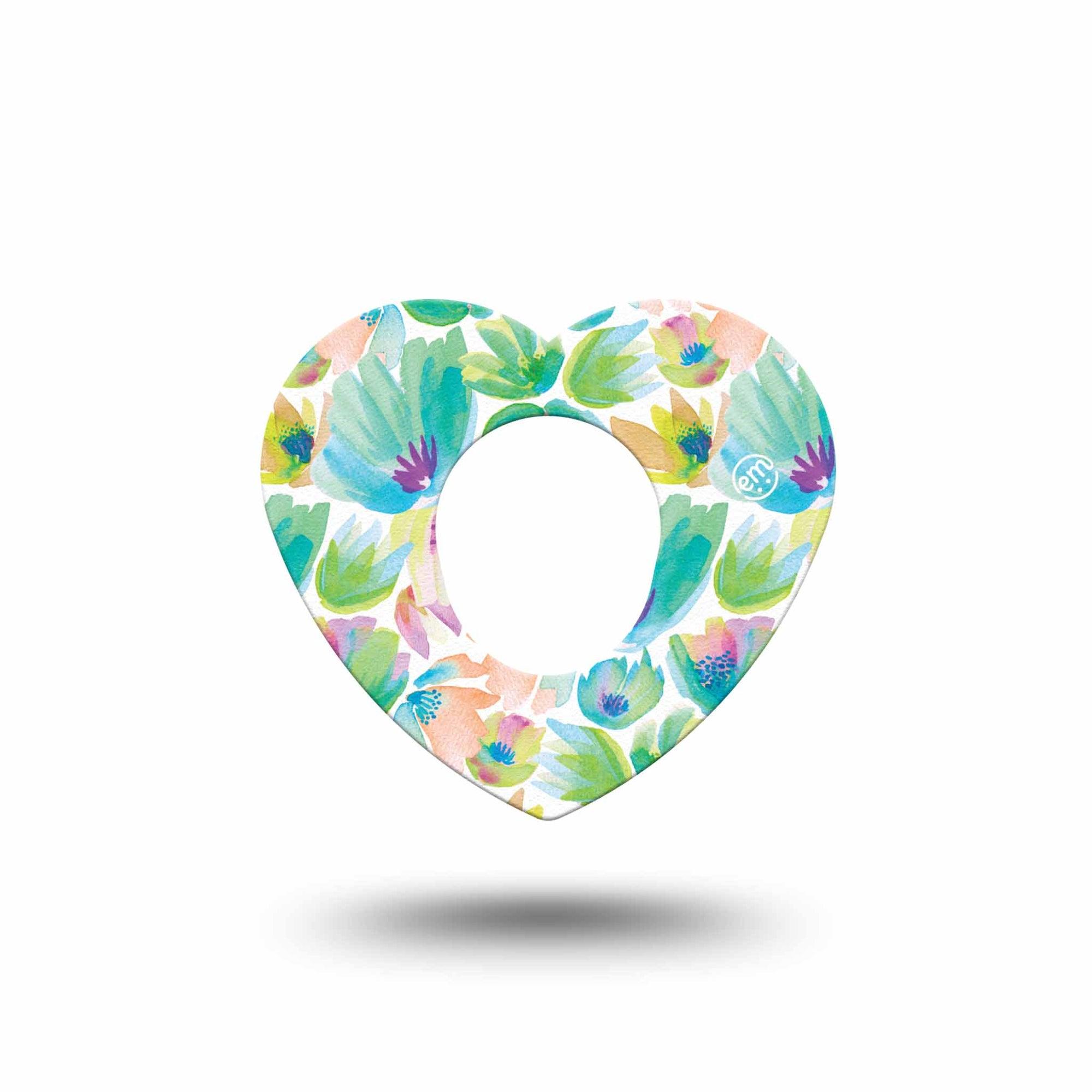 ExpressionMed Happy Go Lucky Flowers Dexcom G7 Heart Shape Tape, Dexcom Stelo Glucose Biosensor System, Single Joyful Green Peachy Florals Overlay Patch CGM Design