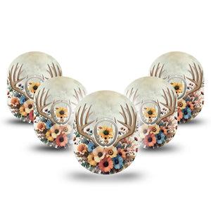 ExpressionMed Floral Antlers Dexcom G7 Tape, Dexcom Stelo Glucose Biosensor System, 5-Pack Tape and 5-Pack Sticker Antler Horns Florals, Overlay Tape CGM Design