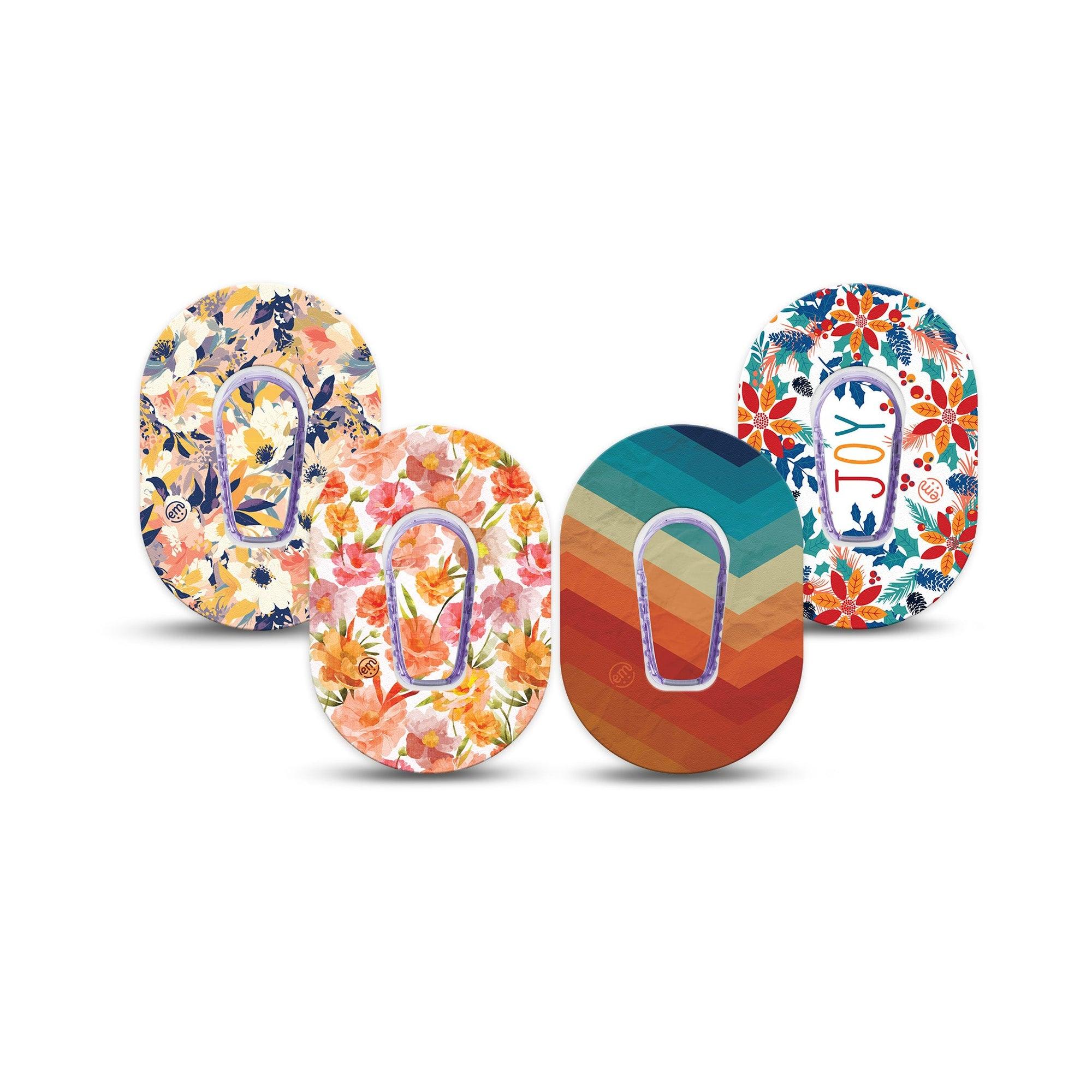 ExpressionMed Jewel Tone Glow Variety Pack Dexcom G6 Mini Tape, 4-Pack Tape and 4-Pack Stickers Variety Stripes and Flowers, Adhesive Tape CGM Design