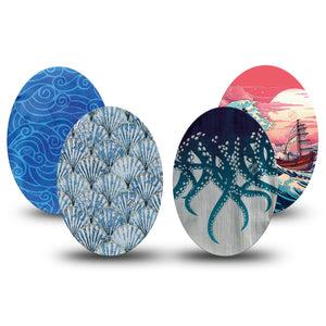 ExpressionMed Ocean Odyssey Variety Pack Medtronic Guardian Enlite Universal Oval, 4-Pack Tape Variety Tentacles and Waves, Plaster CGM Design