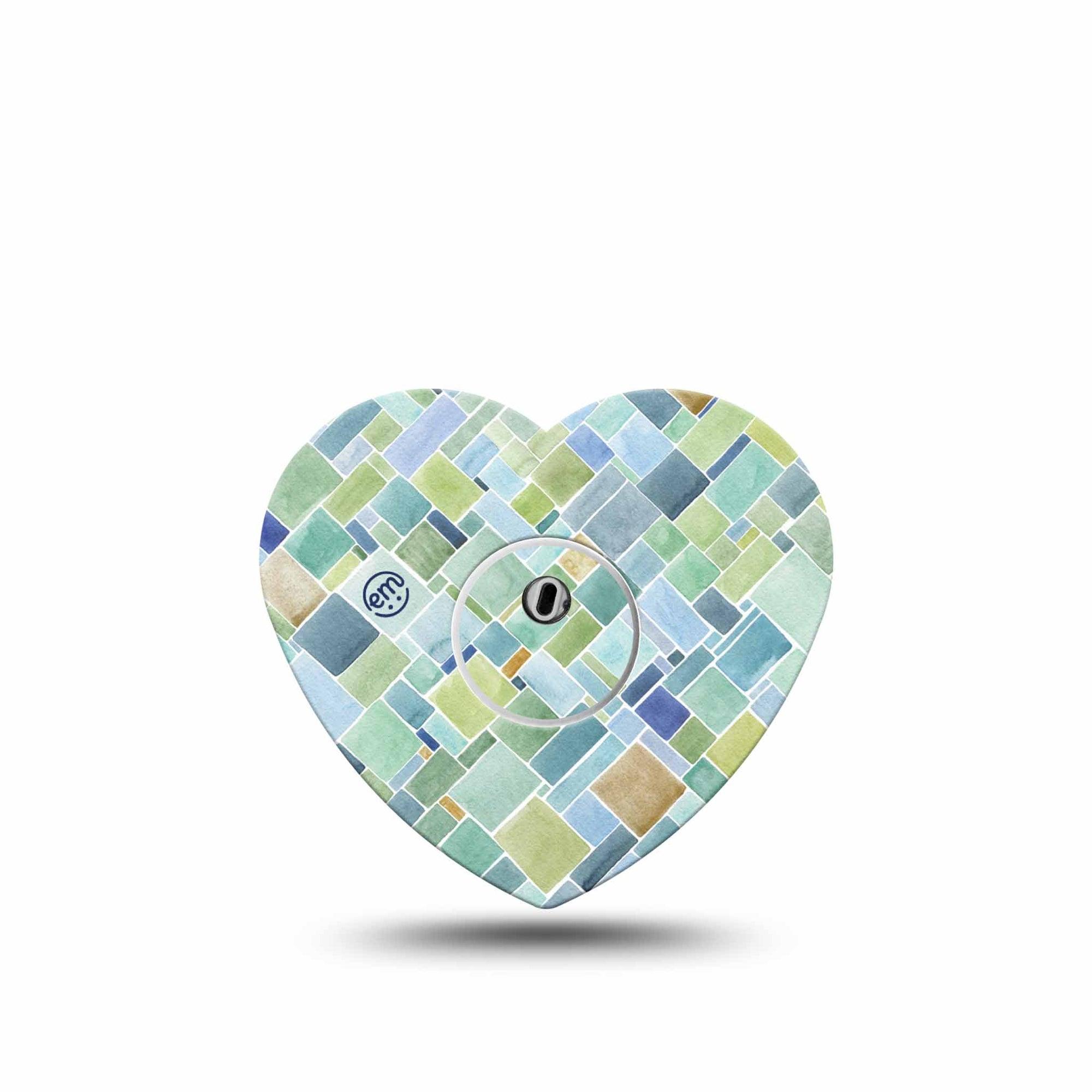 ExpressionMed Watercolor Geometrics Freestyle Libre 3 Heart Shape Tape Single Tape and Single Sticker Blue Green Glass-Like Design Patch CGM Design