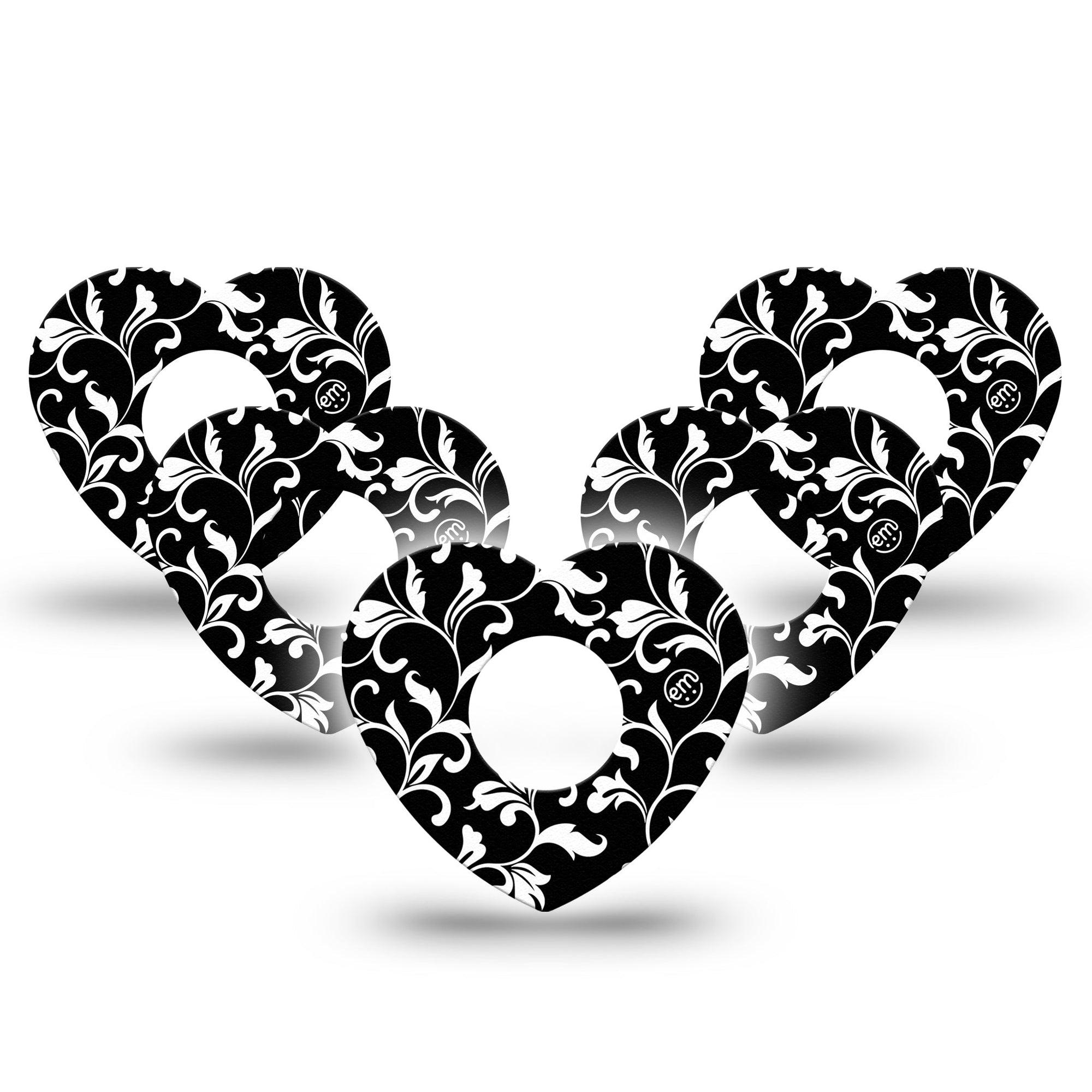 ExpressionMed Fleur de lis Infusion Set Heart Shape Tape 10-Pack White and black stems Adhesive Patch Continuous Glucose Monitor Design