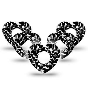 ExpressionMed Fleur de lis Infusion Set Heart Shape Tape 10-Pack White and black stems Adhesive Patch Continuous Glucose Monitor Design