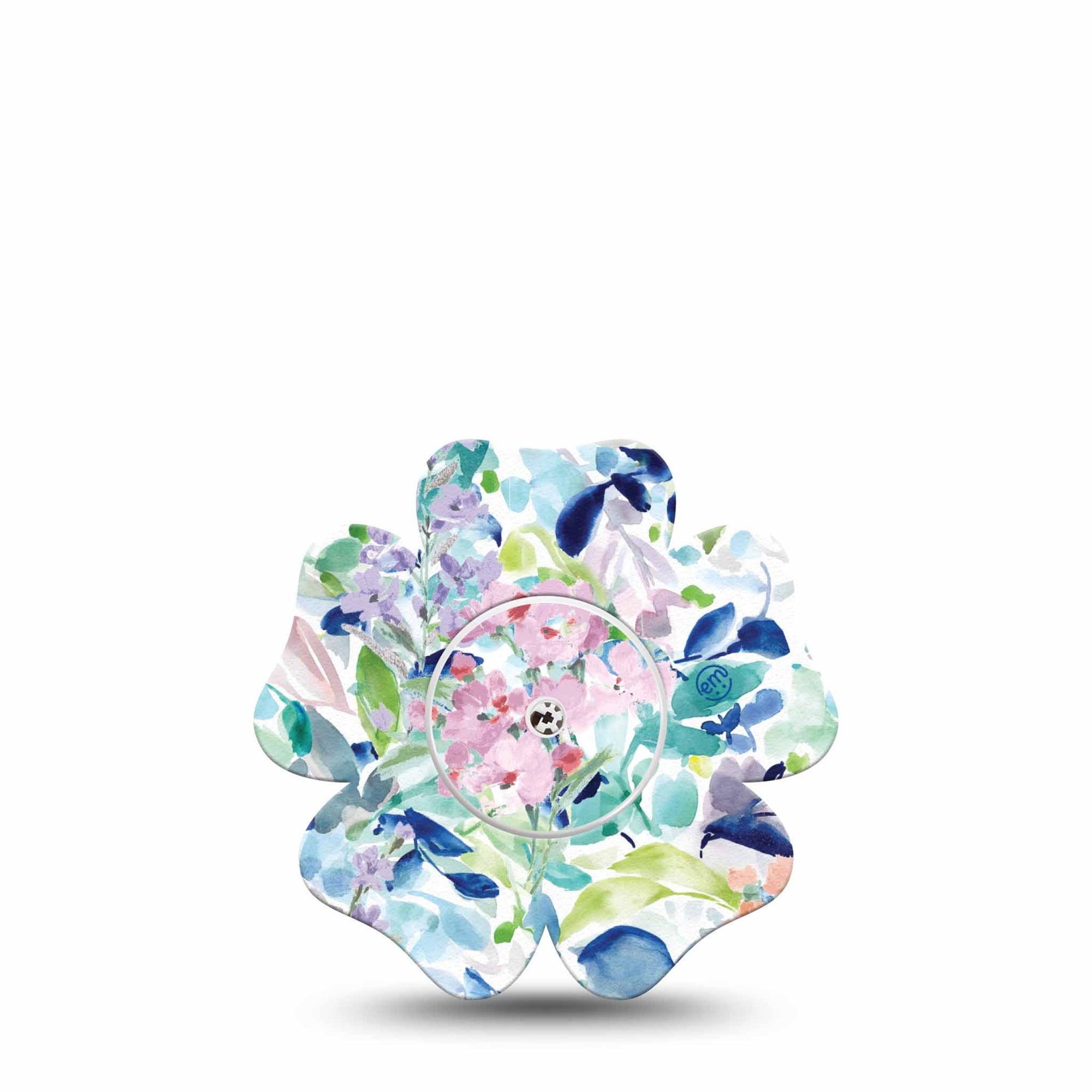 ExpressionMed Subdued Tropics Freestyle Libre 2 Flower Shape Tape, Abbott Lingo,  Single Tape and Single Sticker Watercolor Painted Blue Florals Fixing Ring Tape CGM Design