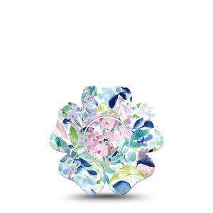 ExpressionMed Subdued Tropics Freestyle Libre 2 Flower Shape Tape, Abbott Lingo,  Single Tape and Single Sticker Watercolor Painted Blue Florals Fixing Ring Tape CGM Design