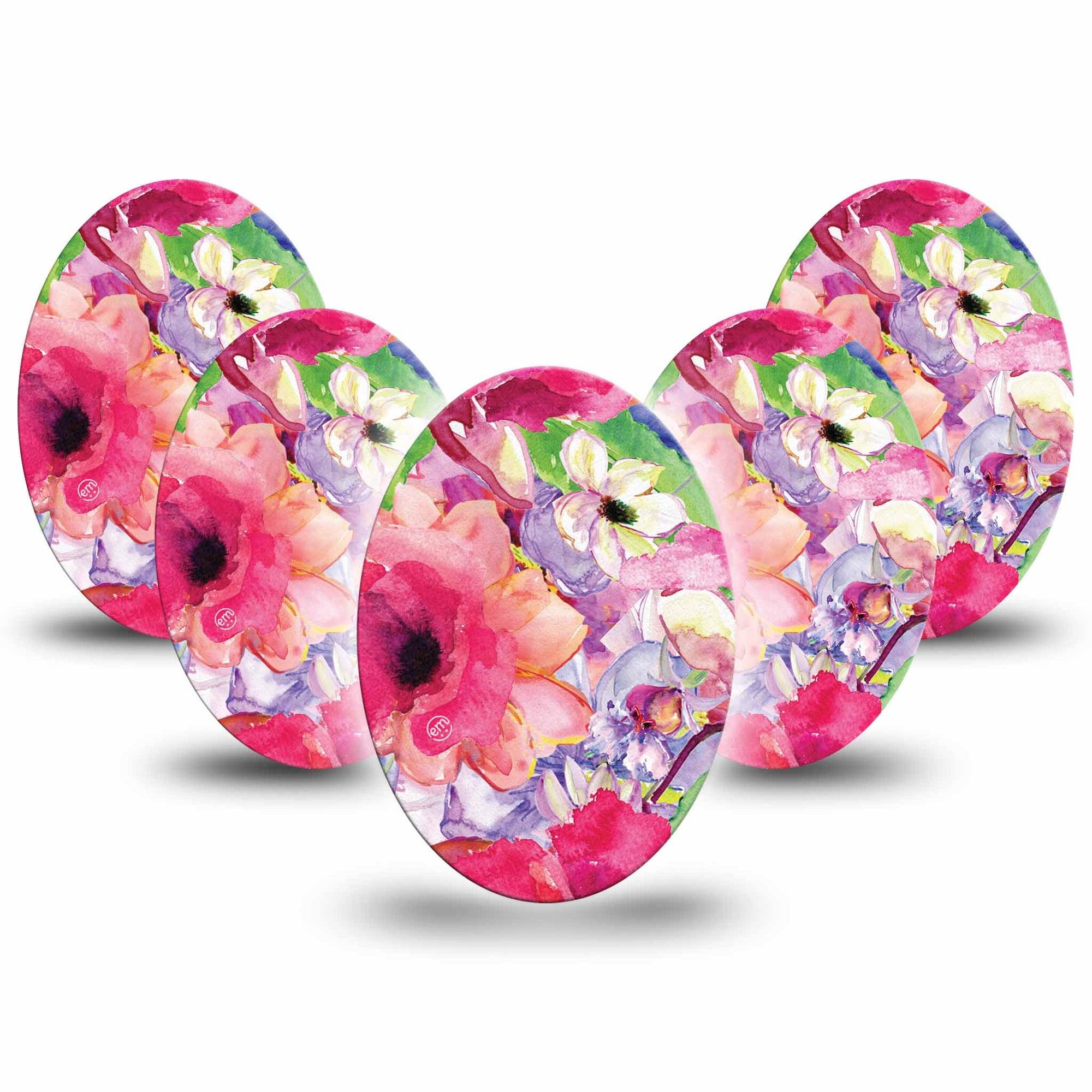 ExpressionMed Watercolor Red Flowers Medtronic Guardian Enlite Universal Oval 5-Pack Hot Pink Bouquet Flowers Plaster Continuous Glucose Monitor Design