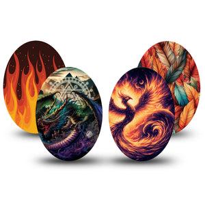 ExpressionMed Ember Rise Variety Pack Medtronic Guardian Enlite Universal Oval, 4-Pack Tape Variety Flames and Feathers, Plaster CGM Design