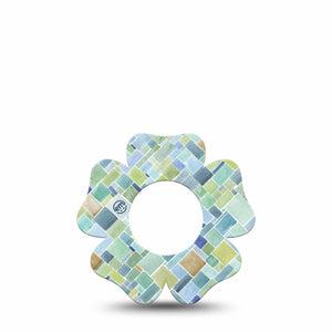 ExpressionMed Watercolor Geometrics Freestyle Libre 2 Flower Shape Tape, Abbott Lingo, Single Soft Hue Blue Green Tiles Fixing Ring Tape CGM Design