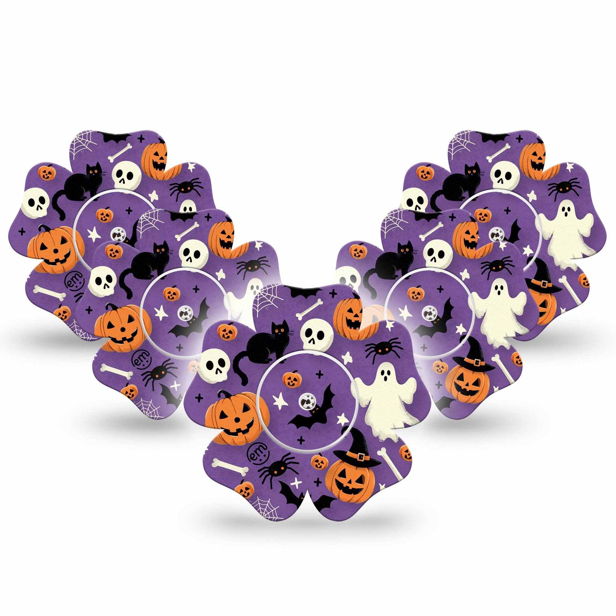 ExpressionMed Happy Halloween Freestyle Libre 2 Flower Shape Tape, Abbott Lingo, 5-Pack Tape and 5-Pack Sticker Purple Halloween Motifs Fixing Ring Tape CGM Design