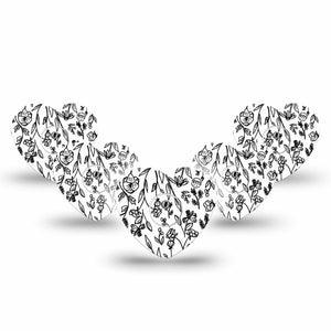 ExpressionMed Custom Black and White Floral Freestyle Libre 3 and Libre 3 Plus Heart Shape Tape 5-Pack Tape and 5-Pack Sticker Black White Petals Overlay Tape CGM Design