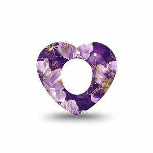 ExpressionMed Plum Gold Dexcom G7 and Dexcom Stelo Glucose Biosensor System Heart, Single Tape Painted gold purple petals Decorative Patch for CGM