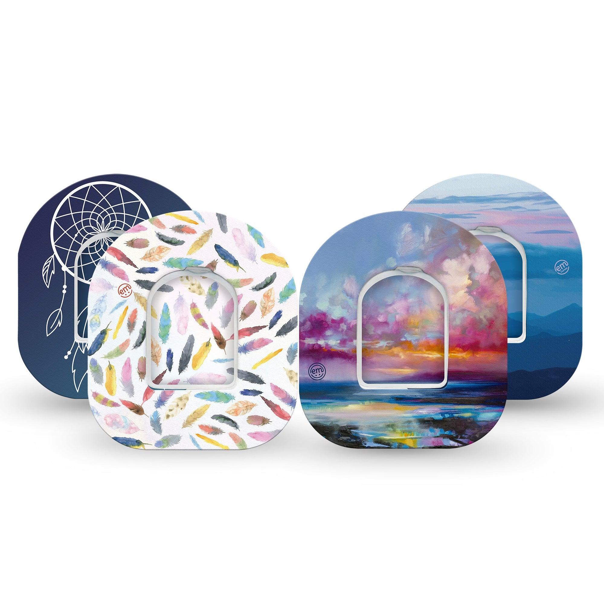 ExpressionMed Airborne Variety Pack Omnipod Tape 4-Pack Tape and 4-Pack Sticker Variety Elegant Feather Skies,  Adhesive Patch Pump Design