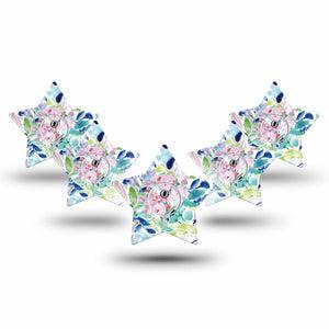 ExpressionMed Subdued Tropics Freestyle Libre 3 Star Shape Tape 5-Pack Tape and 5-Pack Sticker Soft Blue Pink Hues Floral Patch CGM Design