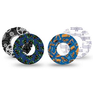 ExpressionMed Mighty Machines Variety Pack Freestyle Libre and Libre 2 Plus Tape, Abbott Lingo, 4-Pack Tape Variety Motor Vehicles, Fixing Ring Tape Continuous Glucose Monitor Design