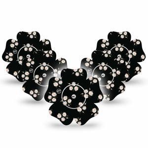 ExpressionMed Black Daisies Freestyle Libre 2 and Libre 2 Plus Flower Shape Tape, Abbott Lingo,  5-Pack Tape and 5-Pack Sticker White Daisy Bouquet Pattern, Fixing Ring Tape CGM Design